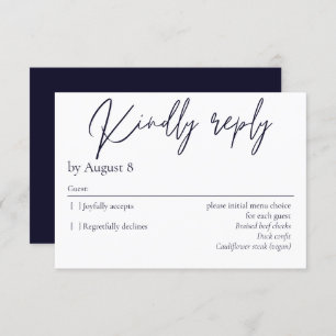 Elegante tarjeta RSVP de boda azul marino oscuro