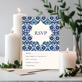 Elegante tarjeta RSVP de Boda Azul Mediterránea en