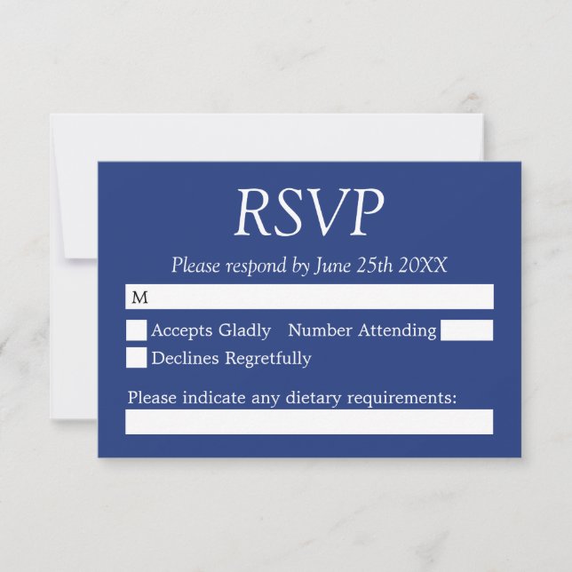 Elegante Tarjeta RSVP de Boda Azul Oscuro (Anverso)