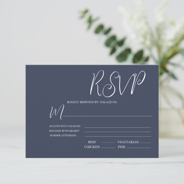 Elegante Tarjeta RSVP de Boda Azul y Blanco Oscuro (Anverso de pie)