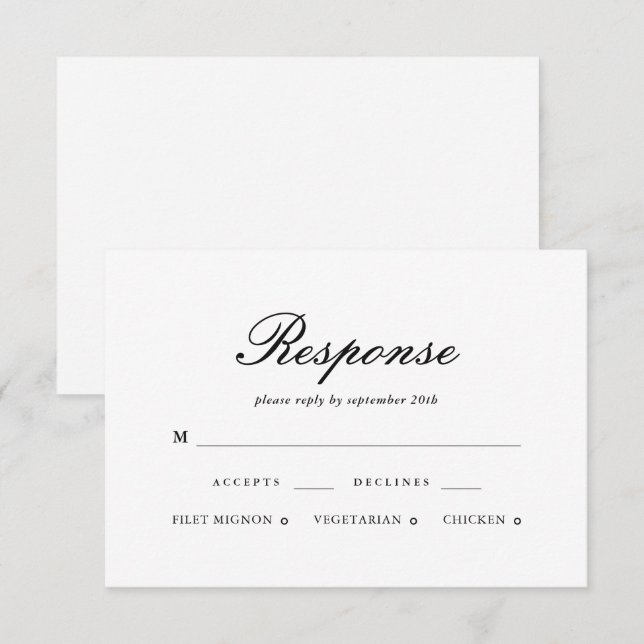 Elegante tarjeta RSVP de boda blanca y negra (Anverso / Reverso)