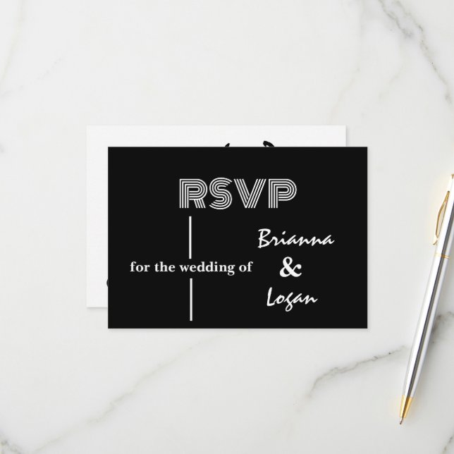 Elegante tarjeta RSVP de boda blanca y negra (Anverso/Reverso In Situ)