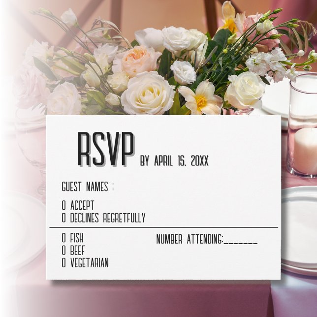 Elegante tarjeta RSVP de boda blanca y negra (Subido por el creador)