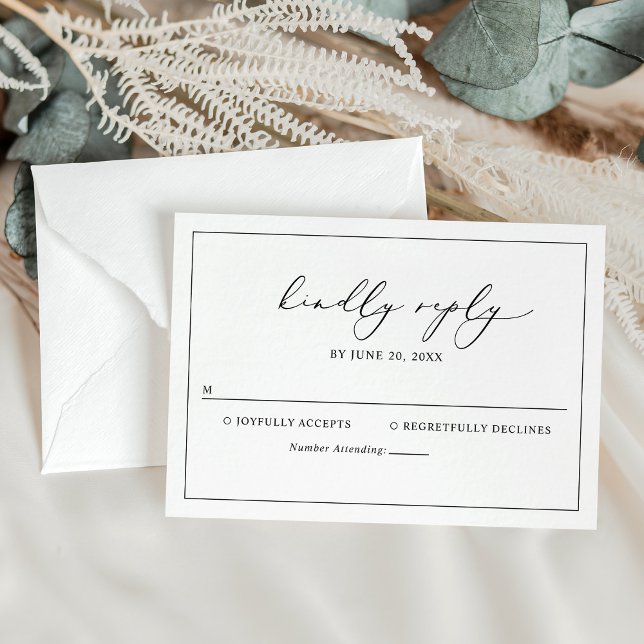 Elegante tarjeta RSVP de boda blanca y negra (Subido por el creador)