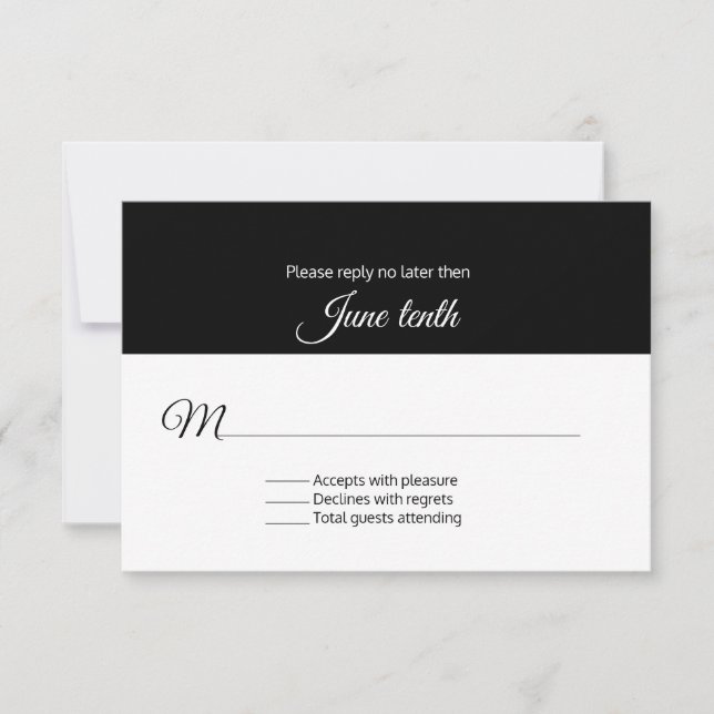 Elegante tarjeta RSVP de boda blanca y negra (Anverso)