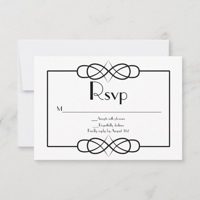 Elegante tarjeta RSVP de boda blanca y negra (Anverso)