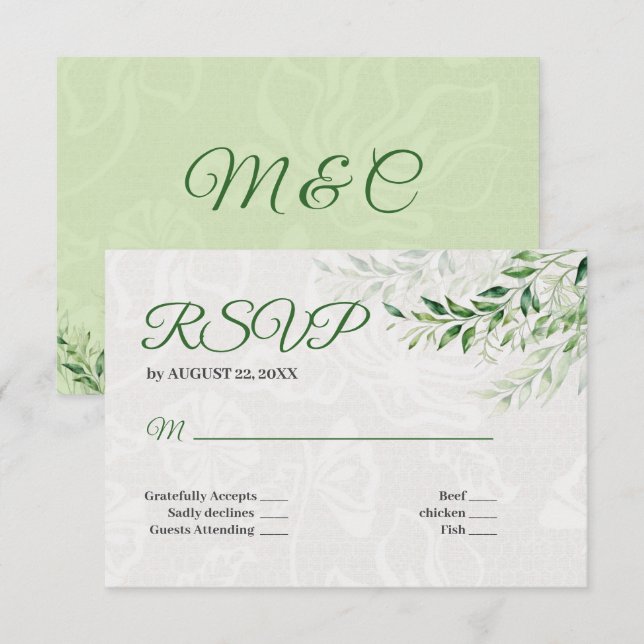 Elegante tarjeta RSVP de Boda Botánica Verde (Anverso / Reverso)