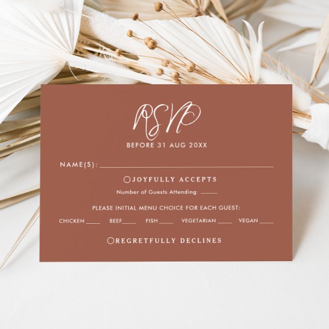 Elegante Tarjeta RSVP de Boda Caída con Guión de T (Elegant burnt orange with white calligraphy and modern text wedding RSVP card )