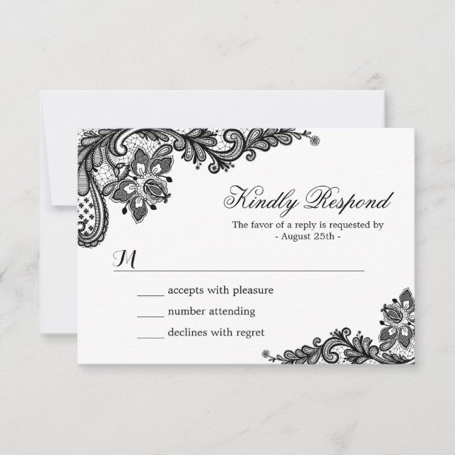 Elegante tarjeta RSVP de boda clásica de encaje bl (Anverso)