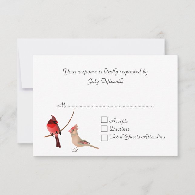 Elegante tarjeta RSVP de boda de cardenales rojos (Anverso)