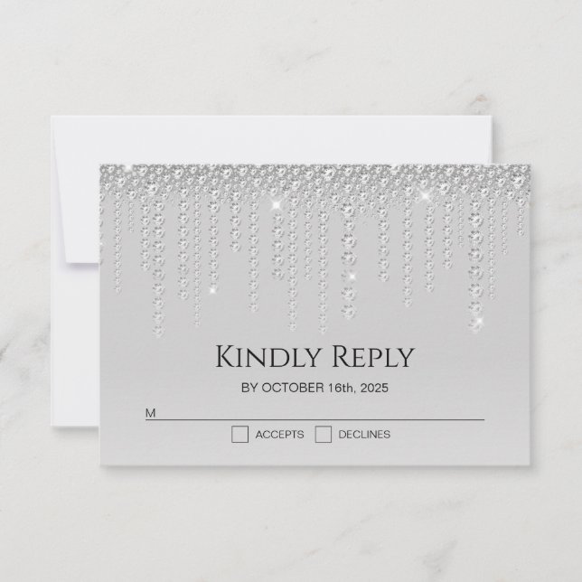 Elegante tarjeta RSVP de boda de diamantes platead (Anverso)