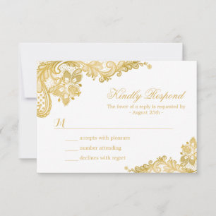 Elegante Tarjeta RSVP de Boda de encaje dorado
