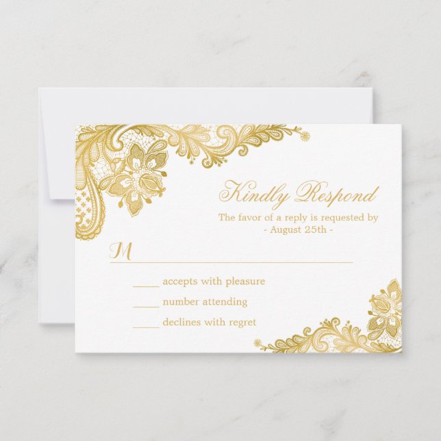 Elegante Tarjeta RSVP de Boda de encaje dorado (Anverso)