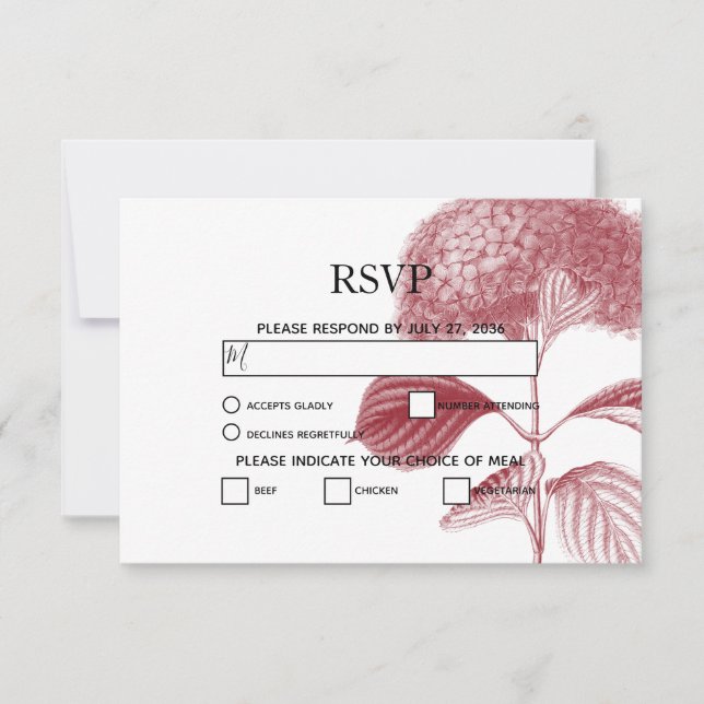 Elegante tarjeta RSVP de Boda de Hidrangea Borgoña (Anverso)
