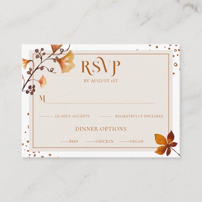 Elegante Tarjeta RSVP de Boda de Hoja de Otoño Dor (Anverso)