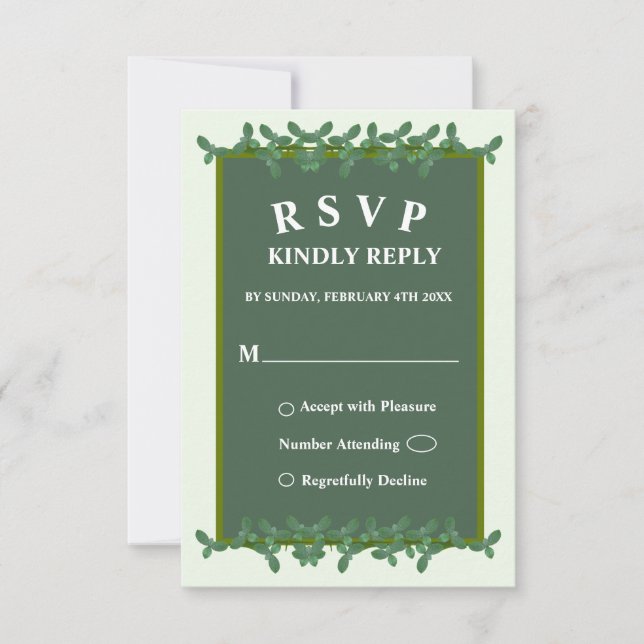 Elegante tarjeta RSVP de boda de hojas verdes (Anverso)