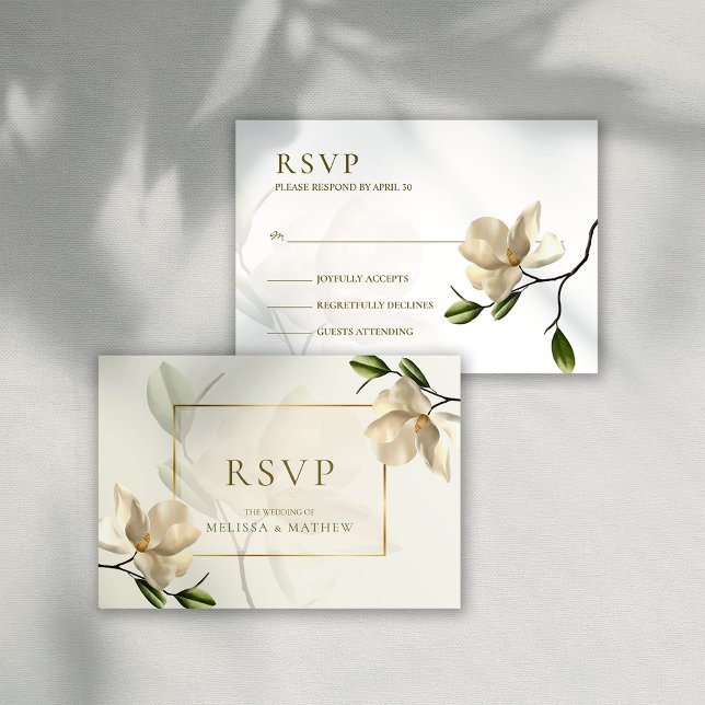 Elegante tarjeta RSVP de boda de Magnolia Blanca O (Elegant Oriental White Magnolia Wedding RSVP Card)