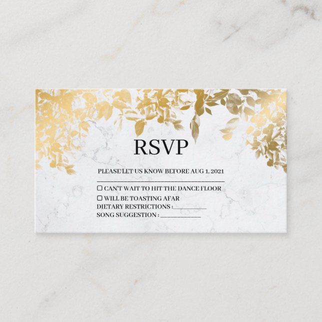 Elegante Tarjeta Rsvp de Boda de Mármol de hojas d (Anverso)