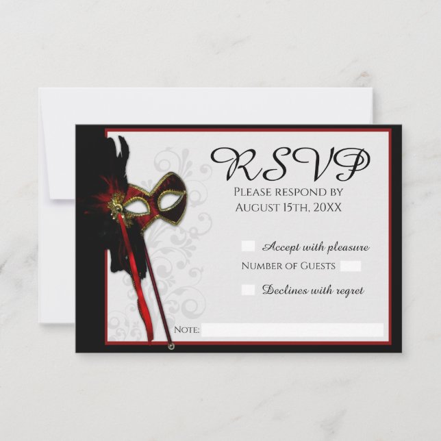 Elegante tarjeta RSVP de boda de mascarada (Anverso)