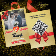 Elegante Tarjeta RSVP de Boda de Oro con código QR