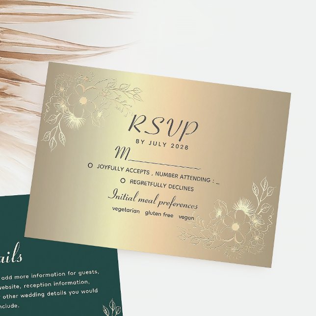 Elegante tarjeta RSVP de Boda de Oro Floral (Subido por el creador)