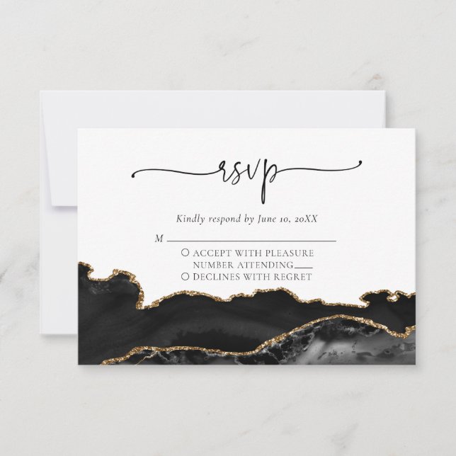 Elegante tarjeta RSVP de Boda de Oro Negro (Anverso)