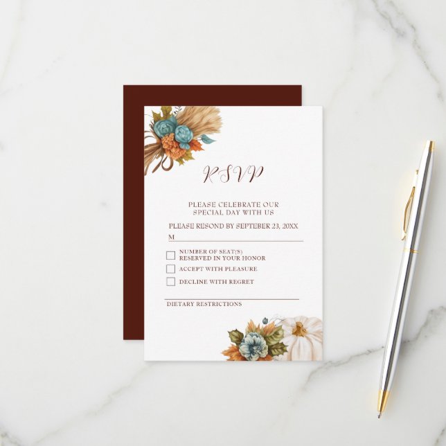 Elegante Tarjeta RSVP de Boda de otoño de calabaza (Anverso/Reverso In Situ)