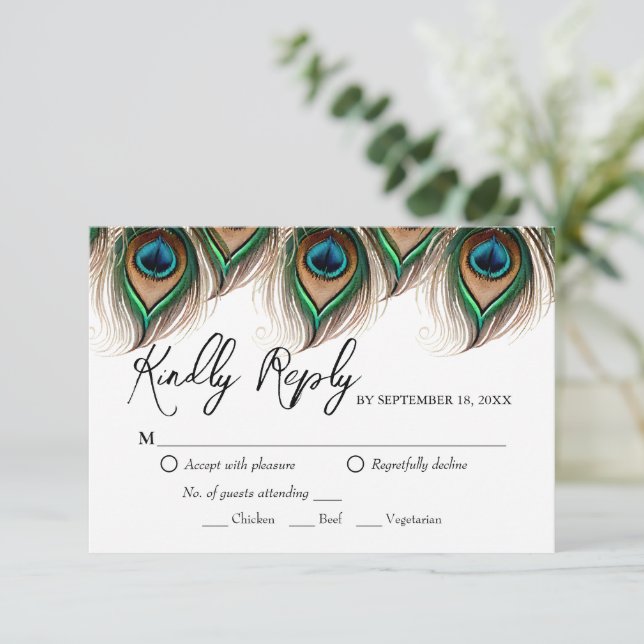 Elegante Tarjeta RSVP de Boda de Pavo Real (Anverso de pie)