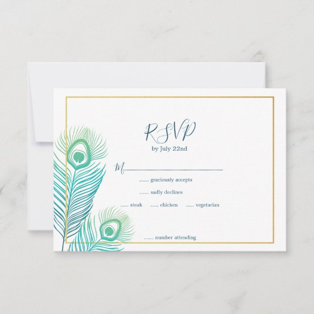 Elegante tarjeta RSVP de Boda de pavo real de oro (Anverso)