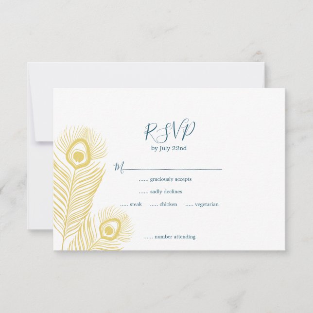 Elegante tarjeta RSVP de Boda de pavo real de oro (Anverso)