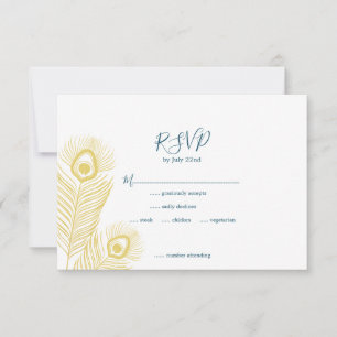 Elegante tarjeta RSVP de Boda de pavo real de oro