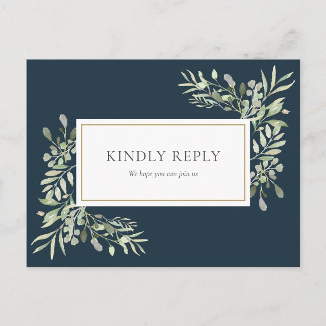 Elegante tarjeta RSVP de Boda de Verdor Azul del M (Anverso)