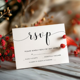Elegante tarjeta RSVP de boda en blanco y negro