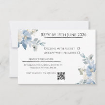 Elegante tarjeta RSVP de boda floral azul con códi