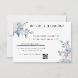 Elegante tarjeta RSVP de boda floral azul con códi