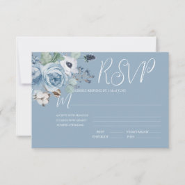 Elegante tarjeta RSVP de boda floral azul y blanca