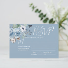 Elegante tarjeta RSVP de boda floral azul y blanca