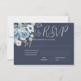 Elegante Tarjeta RSVP de Boda Floral Azul y Blanco