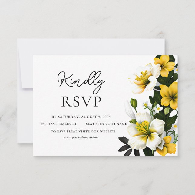 Elegante tarjeta RSVP de boda floral blanca y amar (Anverso)