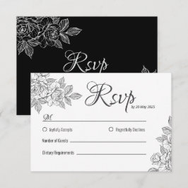 Elegante tarjeta RSVP de boda floral blanca y negr