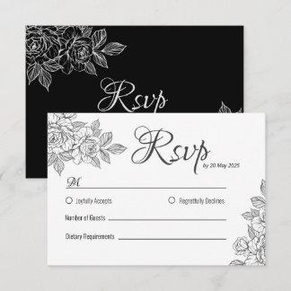 Elegante tarjeta RSVP de boda floral blanca y negr