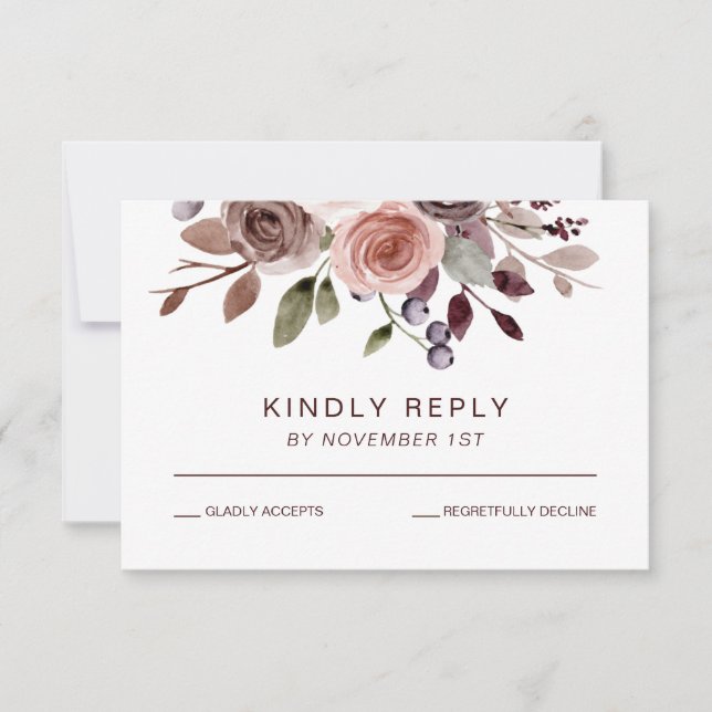 Elegante tarjeta RSVP de Boda Floral Borgoña (Anverso)