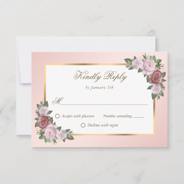 Elegante Tarjeta RSVP de Boda Floral de Oro Rosa d (Anverso)