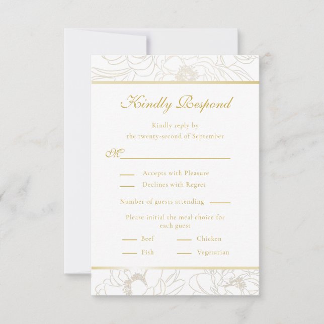 Elegante tarjeta RSVP de Boda Floral Dorada (Anverso)