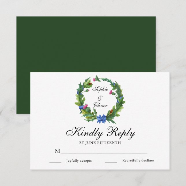 Elegante tarjeta RSVP de Boda Floral Escocesa (Anverso / Reverso)