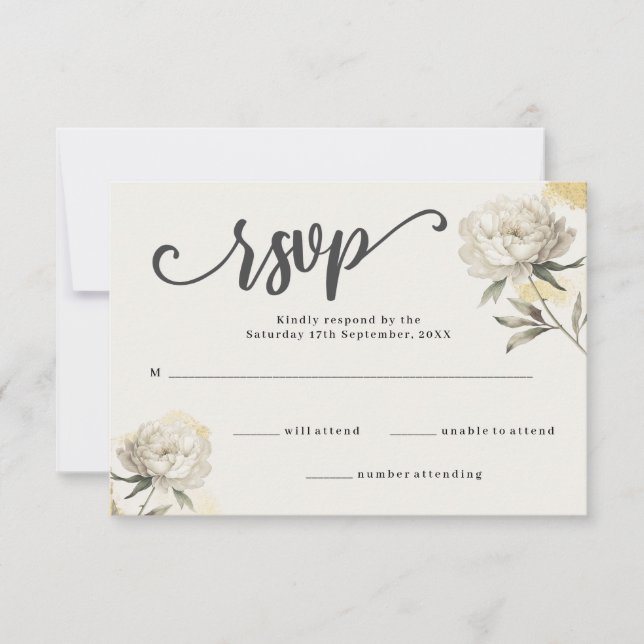 Elegante Tarjeta RSVP de Boda Floral Peony de Oro (Anverso)