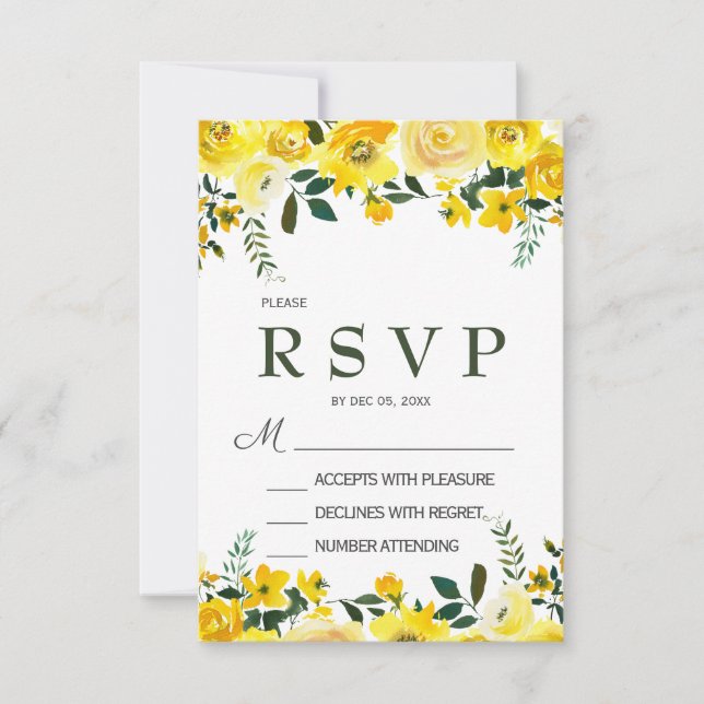 Elegante tarjeta RSVP de boda floral rosa amarilla (Anverso)