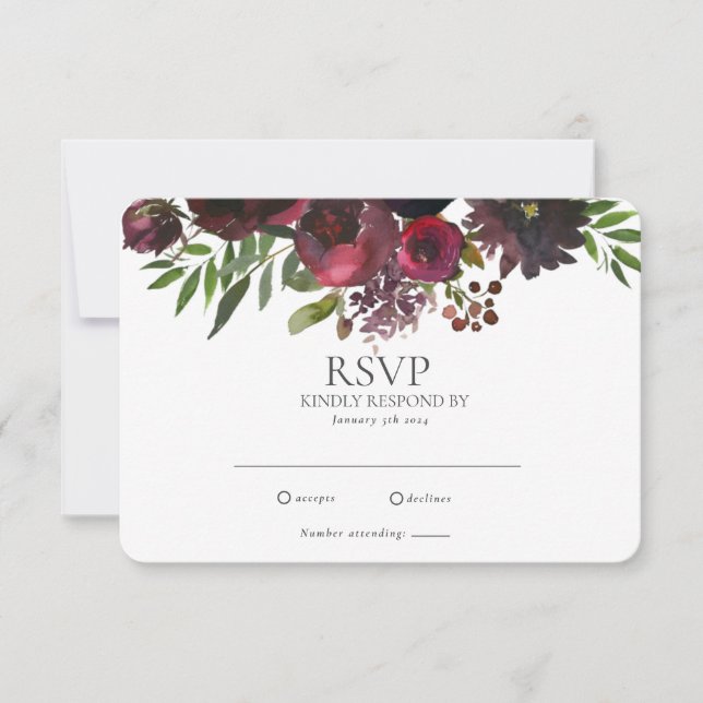 Elegante Tarjeta RSVP de Boda Floral Rosa Roja Bor (Anverso)