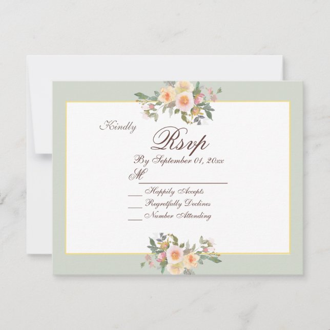 Elegante Tarjeta RSVP de Boda Floral Verde Sage (Anverso)