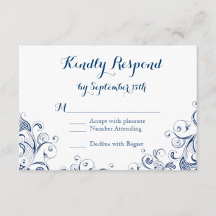 Elegante tarjeta RSVP de Boda Flourish Azul Vintag